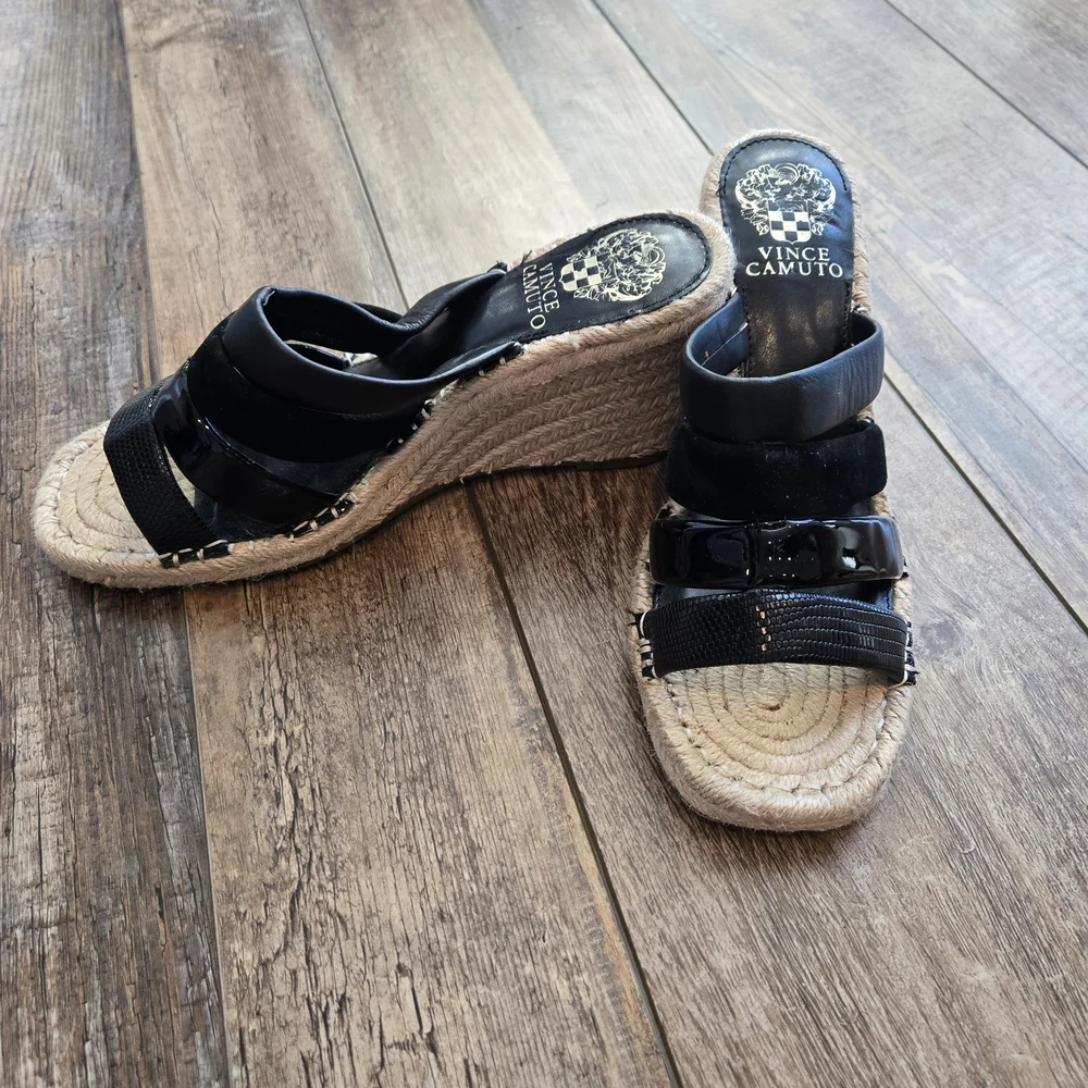 Vince Camuto Black Mixed Texture Espadrille Wedge Slide Sandals Size 7.5